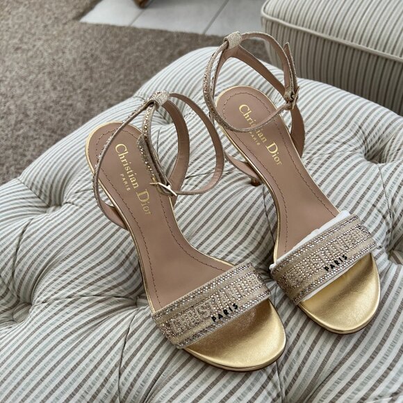 Dior Dway Heeled Sandal Gold-Tone Cotton Embroidered with Metallic Thread - Picture 3 of 15